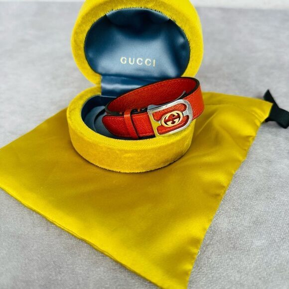 Gucci Marmont Unisex Interlocking GG Silver Gold Toned Leather Bracelet - Picture 1 of 9